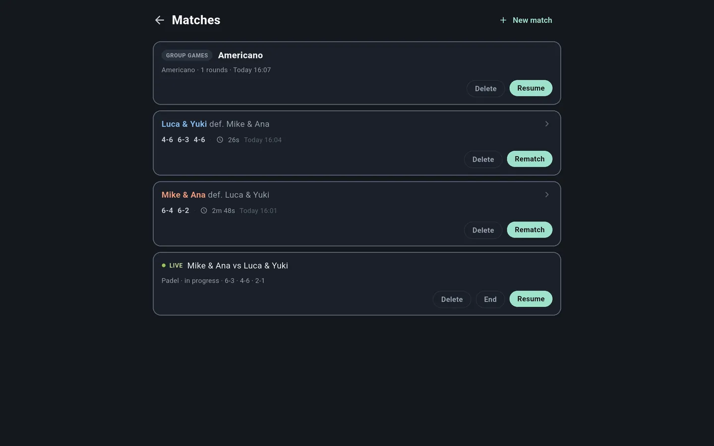 MatchCaller match history: finished matches and a group games session, each with quick actions