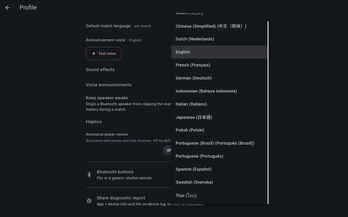 MatchCaller announcement language picker open, listing 15 languages including Arabic, Chinese, Japanese, and Thai in their own scripts