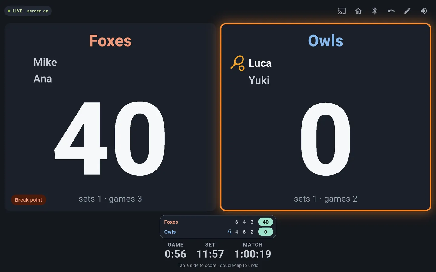 MatchCaller scoreboard: a big live score, the serving team highlighted, a set-by-set strip, and Game, Set, and Match clocks