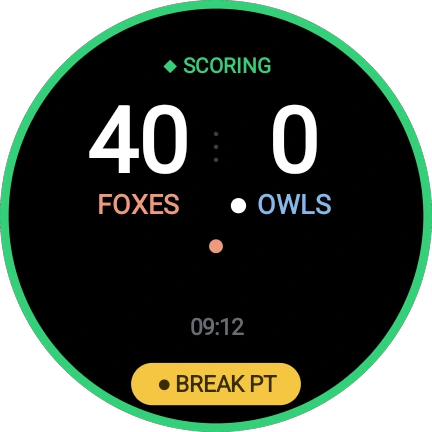 The same match on a Wear OS watch: Foxes 40, Owls 0, with the serve dot beside Owls and a break point badge.